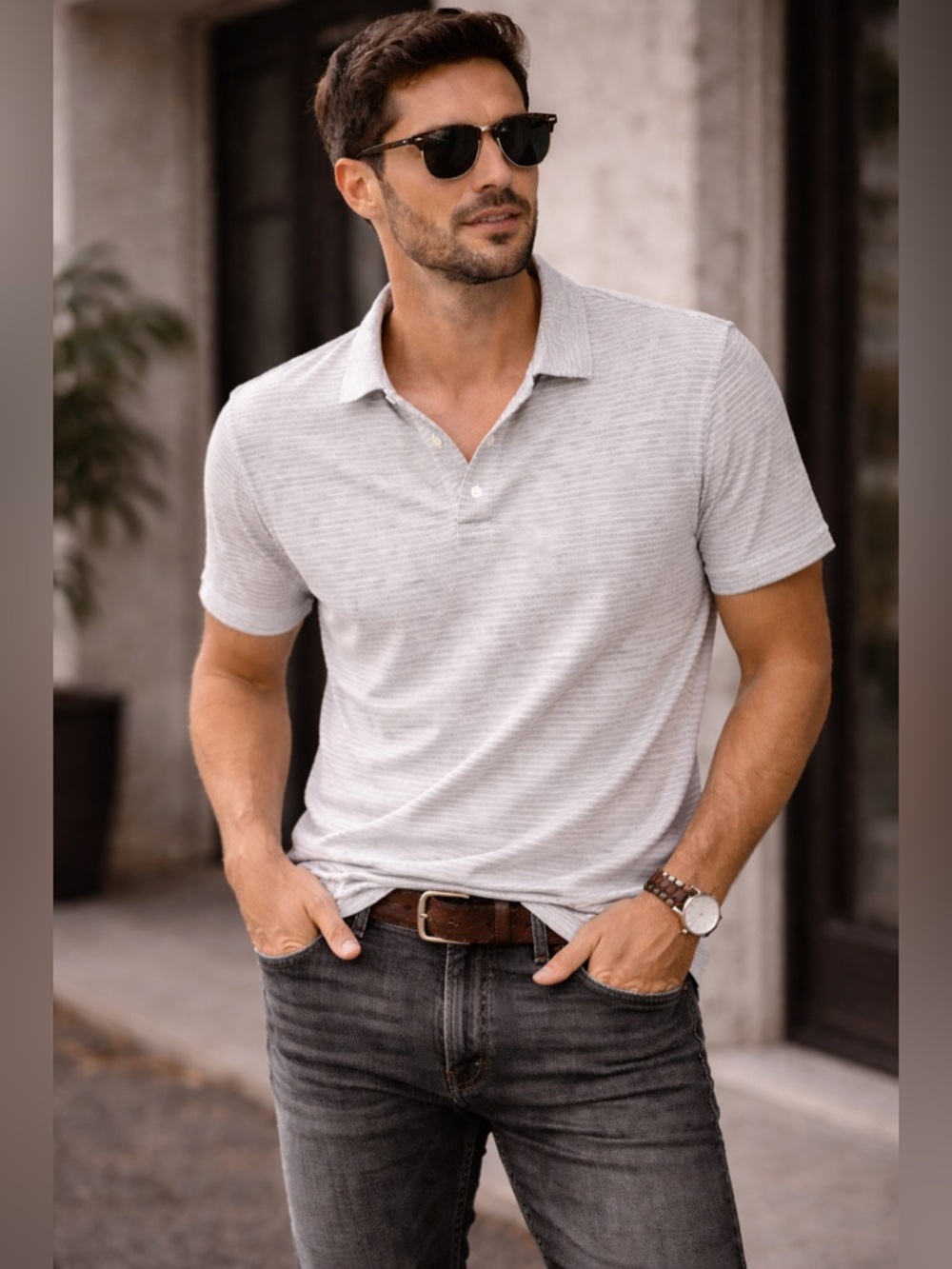 John Varvatos USA 3 Stars Heather Grey Stripe Burn Out Cotton Polo Relaxed